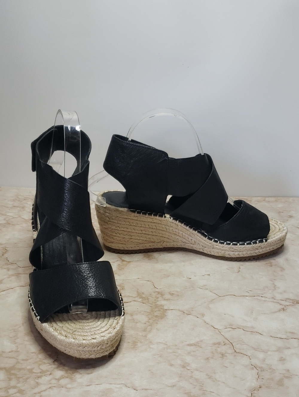 Eileen Fisher Black Espadrille Wedge Sandals - Women Size 8.5